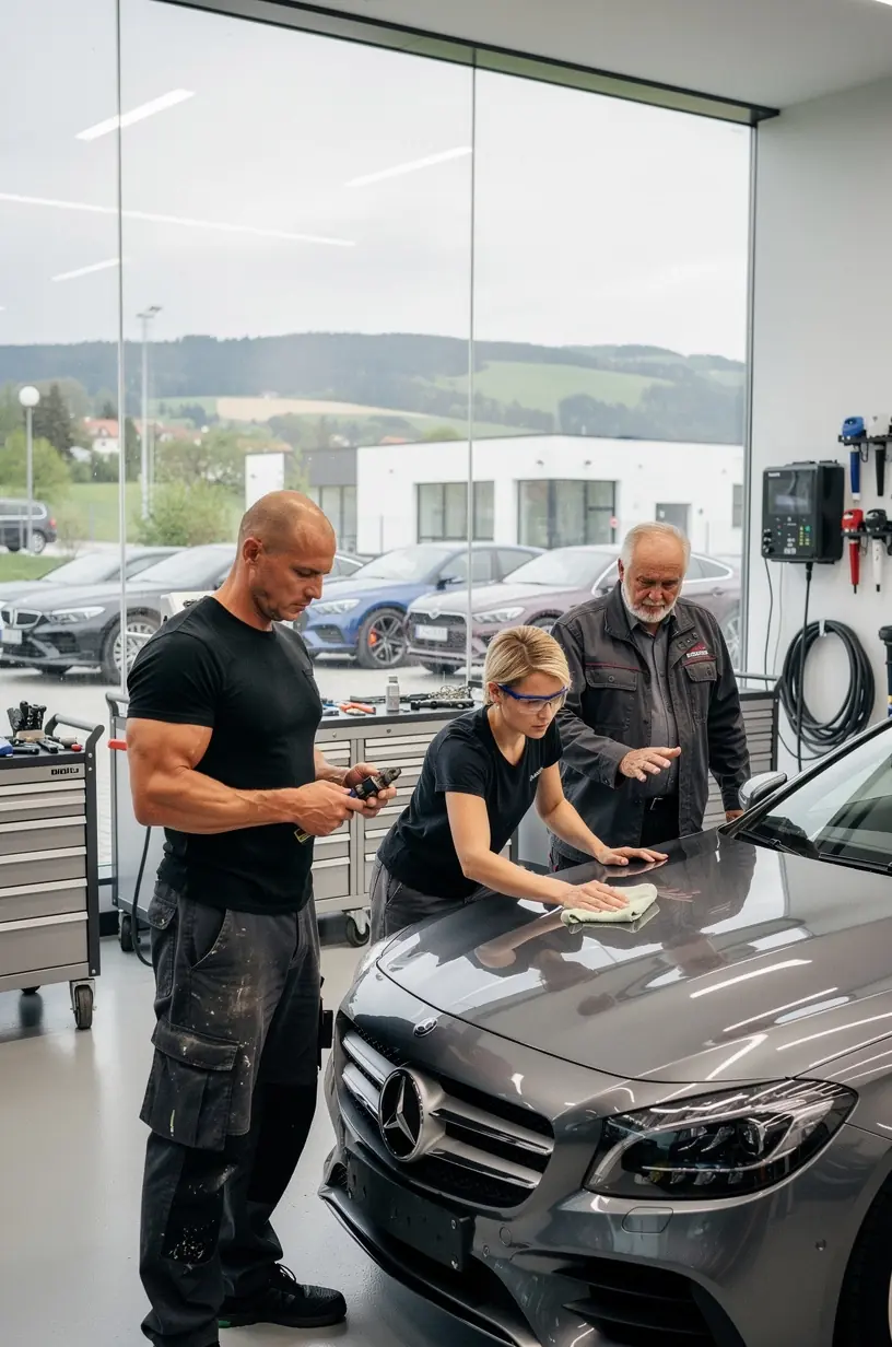 Technici používajúci špeciálne náradie na rovnaní a opravu rámu automobilu.