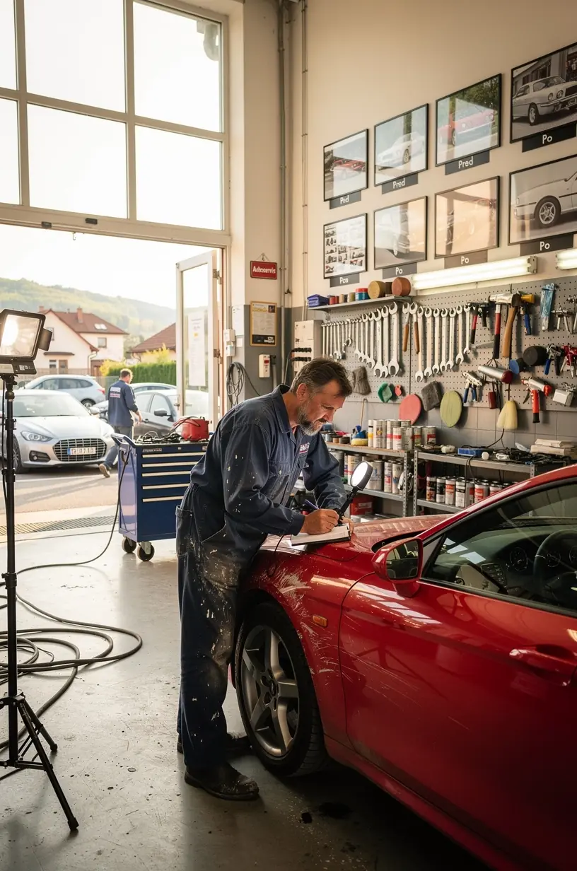 Profesionálny lakýrnik nanášajúci farbu na auto v modernom lakovacom boxe.