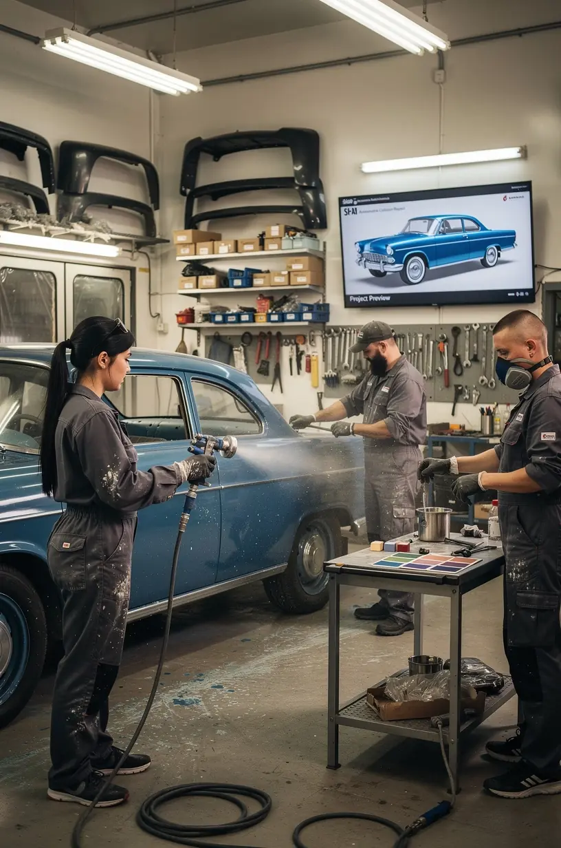 Detailný záber na ručné brúsenie a prípravu karosérie pred lakovaním v autoservise.